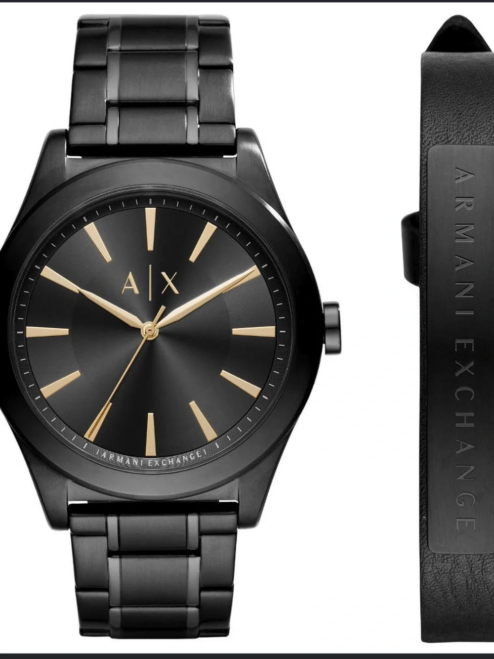 Armani Exchange Black Stainelss Steel Watch  & Matching Leather Bracelet Set NEW